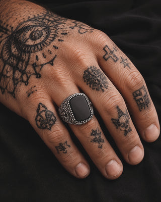 Black Agate Stainless Steel Carved Biker Ring