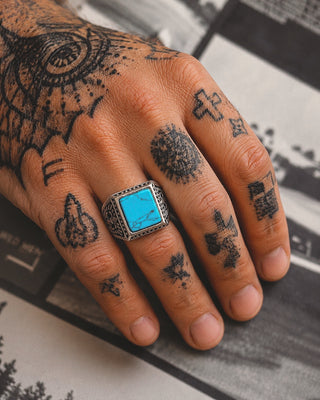 Turquoise Square Engraved Biker Ring
