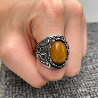 Tiger's Eye Stone Stainless Steel Biker Ring